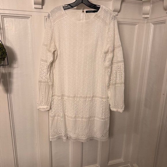 RALPH LAUREN Women’s White Cotton Floral Eyelet Dress Long Sleeve Sz 12 Lined - Picture 3 of 13